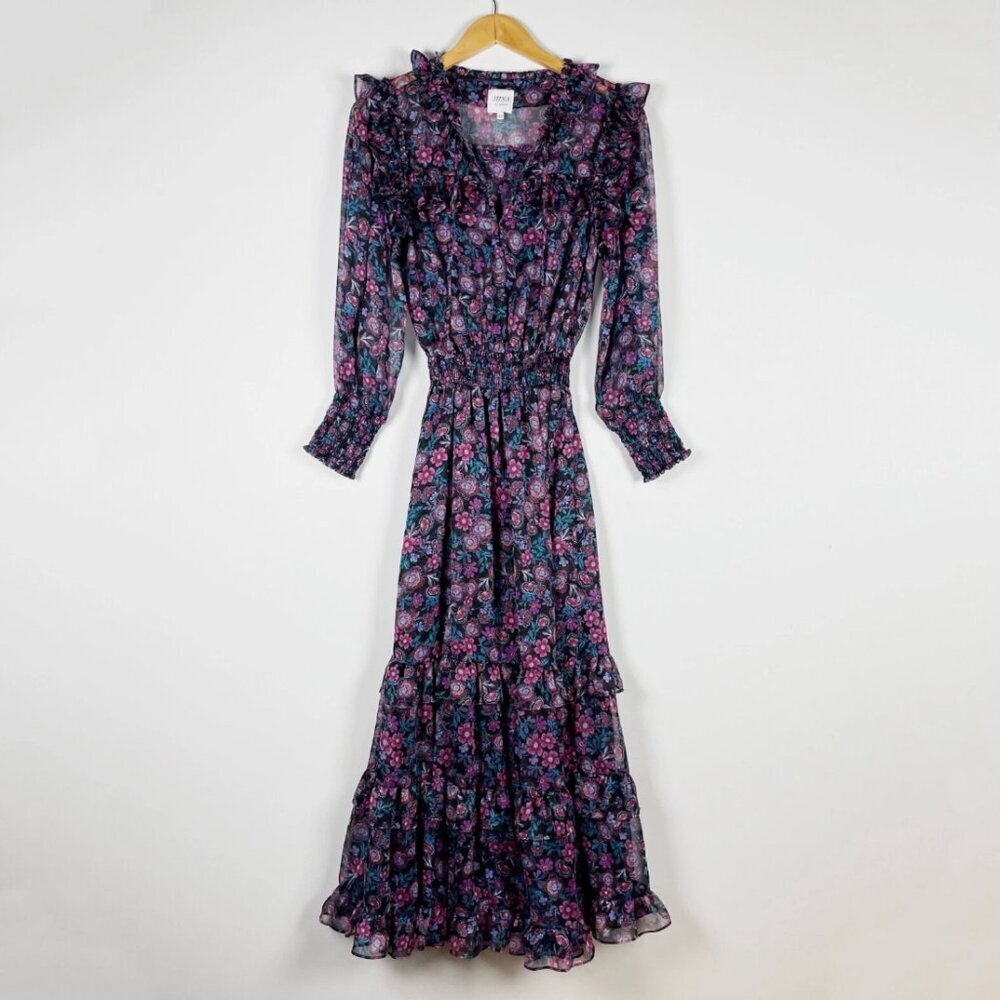 Misa Virginie Chiffon Smocked Stretch 3/4 Sleeve Ruffle Maxi Dress XS / XXS